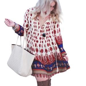 PPLA Boho Festival Dress‎ Women Small Cream Red Mini Tribal Peasant Hippie Retro